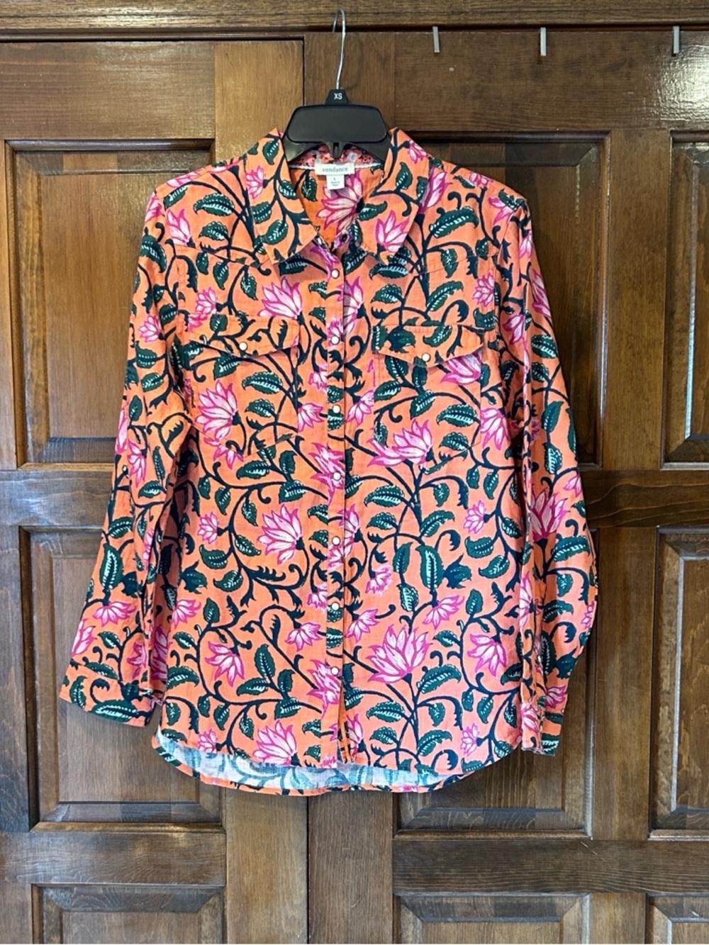 Sundance Willow Linen Floral Snap Front Shirt Coral Green Women's Large L